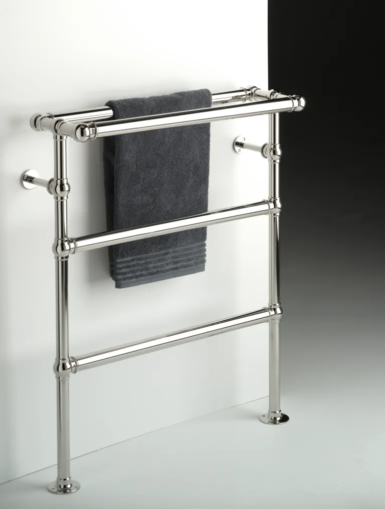 Floor mount towel warmer with warm shelf in polished nickel